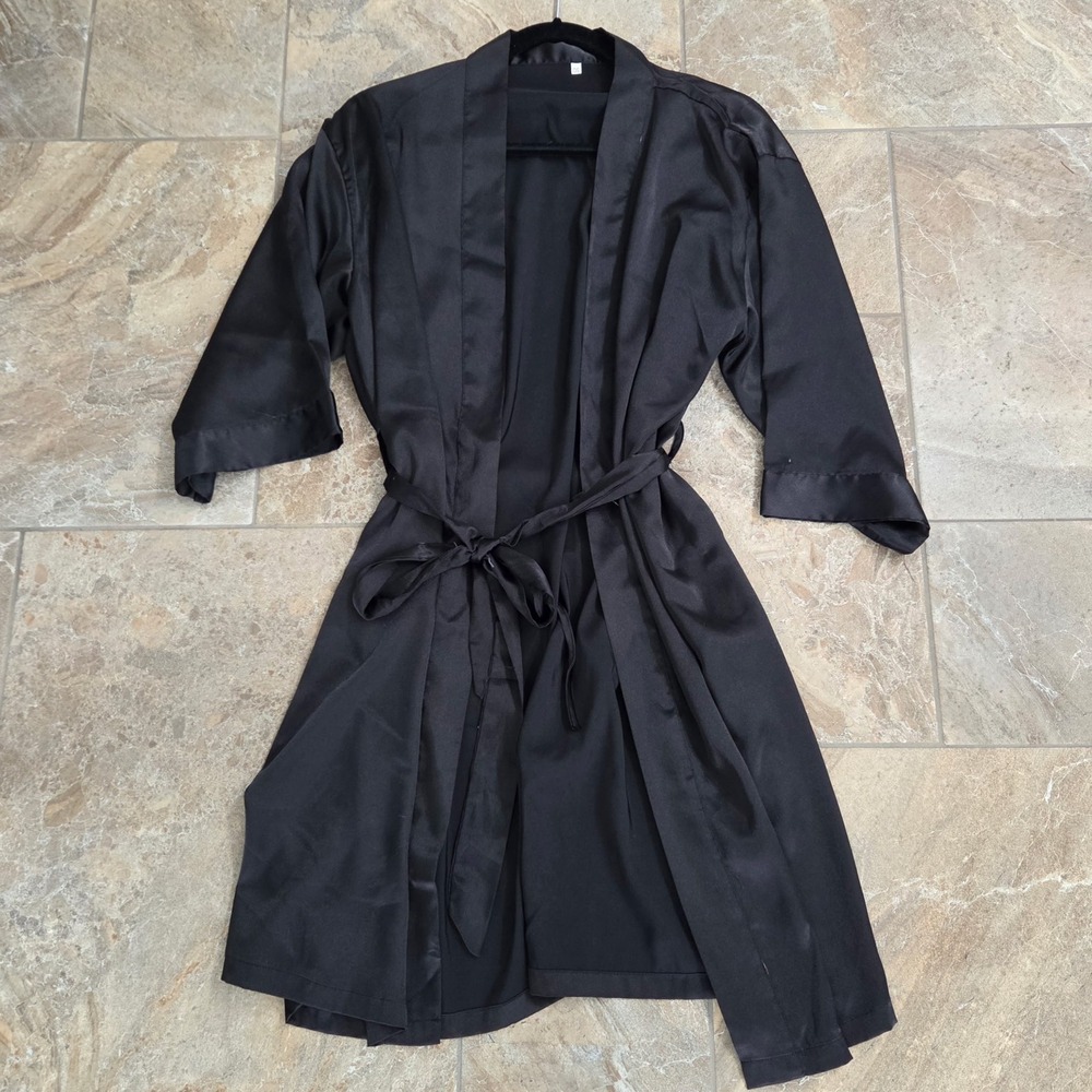 Unbranded Women Black Satin Robe Kimono Style OS Tie Waist Loungewear